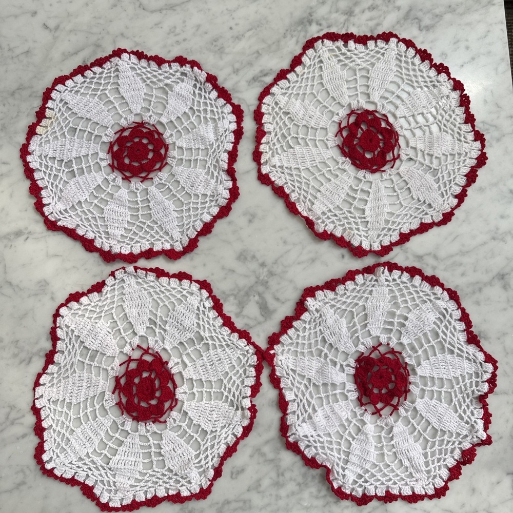Crochet Doilies 4 pcs set 10 inches diameter : white, red trimmed